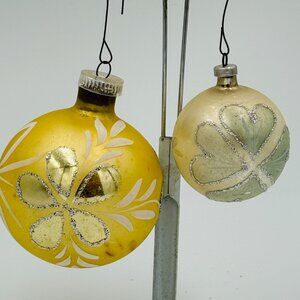 2 Vtg Austrian Glass Christmas Ornaments with Mica Floral Designs , 1 med, 1 sm